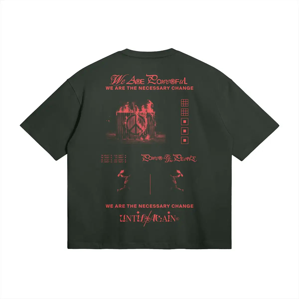 Black streetwear t-shirt with bold red protest graphics, peace sign, and activist slogans on back