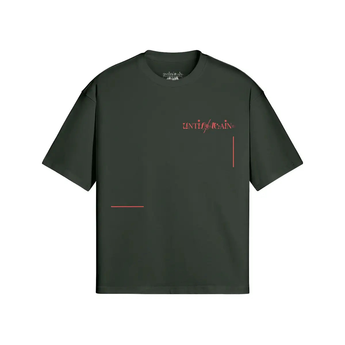 Dark green oversized streetwear t-shirt with red edgy graphic logo and minimalist design accents