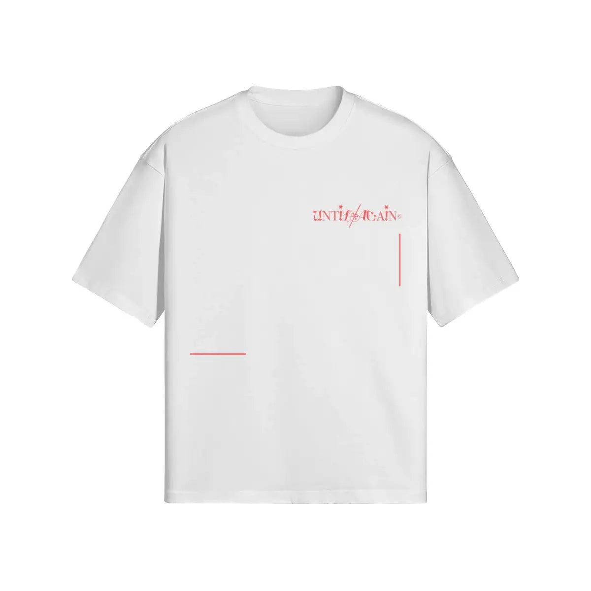 White streetwear t-shirt with minimalist red graphic and small text detail on front