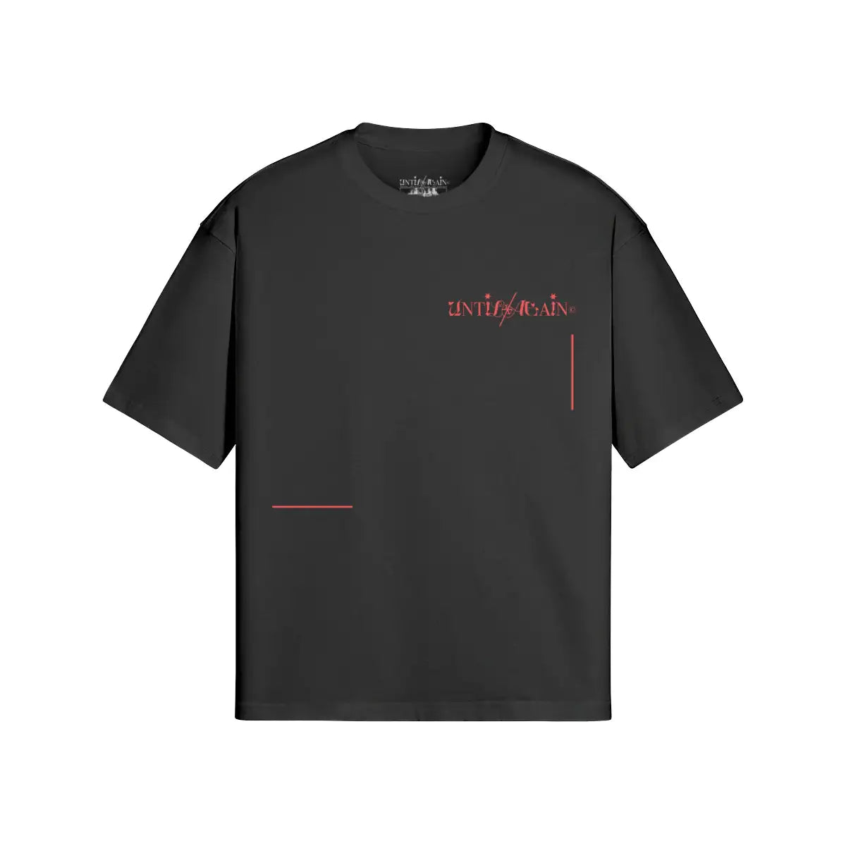 Black streetwear t-shirt with red graphic text and minimalist line accents on the front.