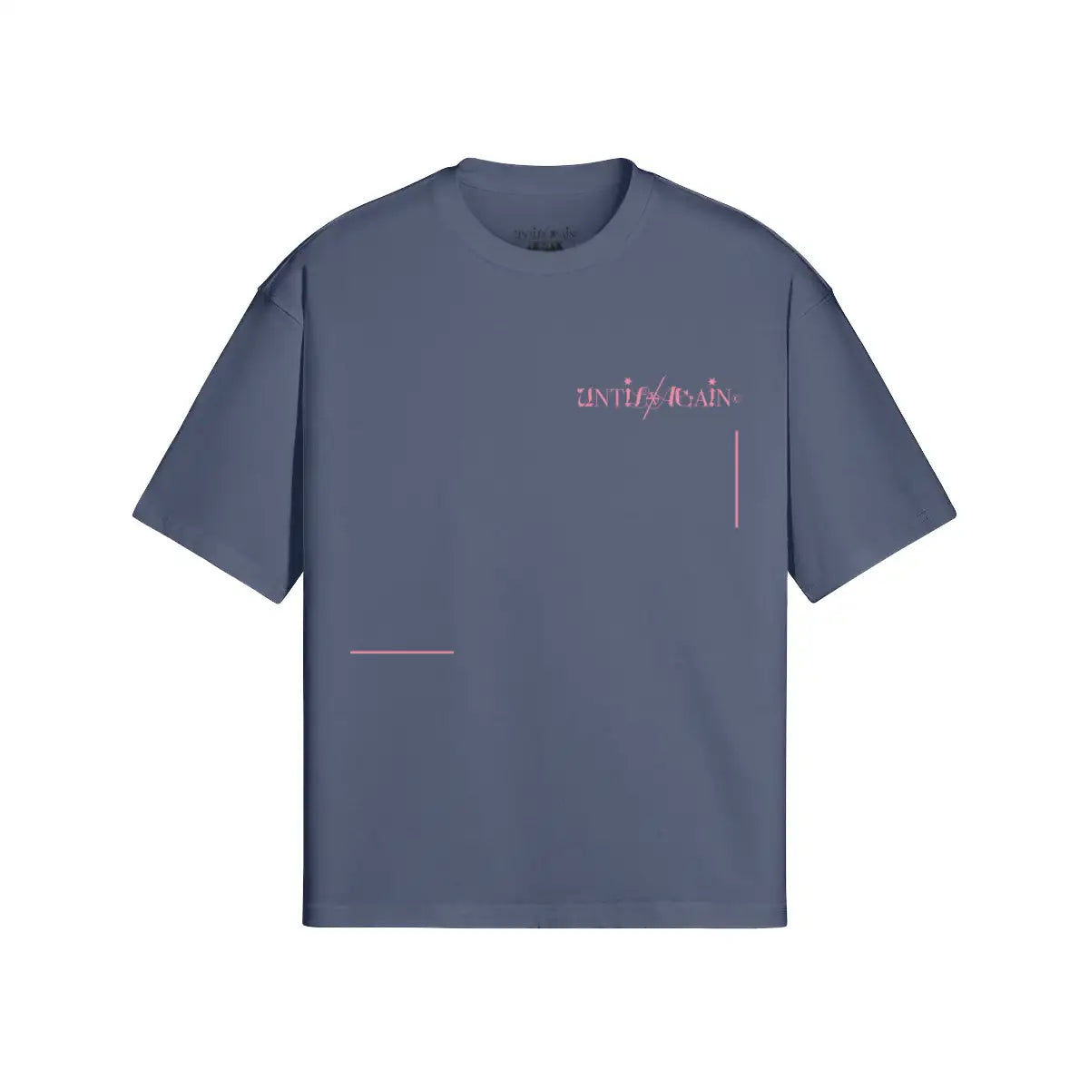 Blue streetwear t-shirt with pink UNTIL/AGAIN text and geometric accents on front