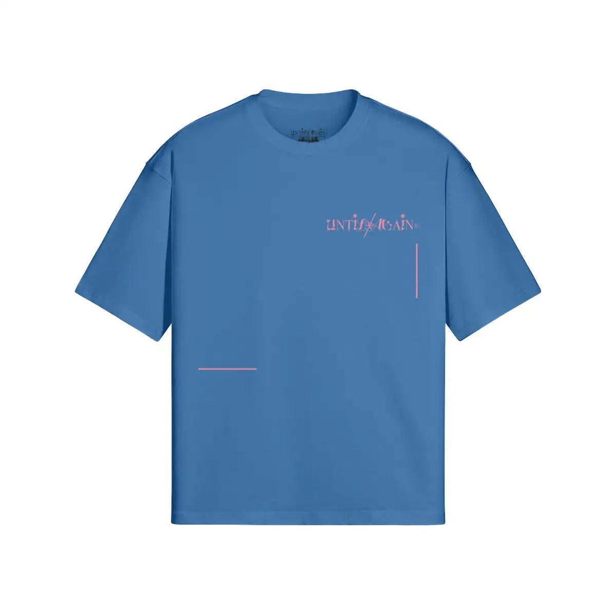 Blue streetwear t-shirt with pink graphic lines and logo text on the chest
