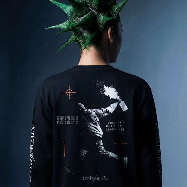 Tomorrow’s Culture Long Sleeve black on body back graphic streetwear green spiky hair