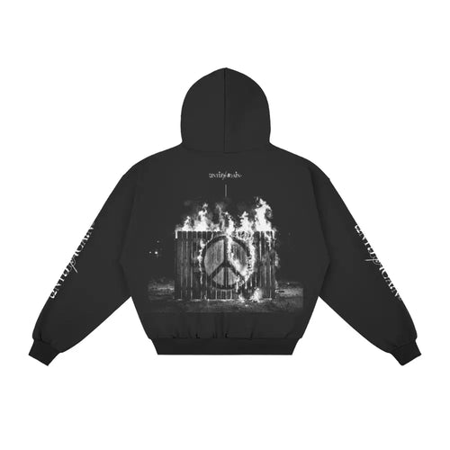 Black UNTIL/AGAIN limited drop hoodie with flaming peace sign graphic on back and sleeve print