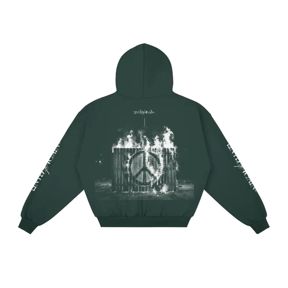 Dark green UNTIL/AGAIN hoodie with flaming peace sign graphic on back, limited drop item.