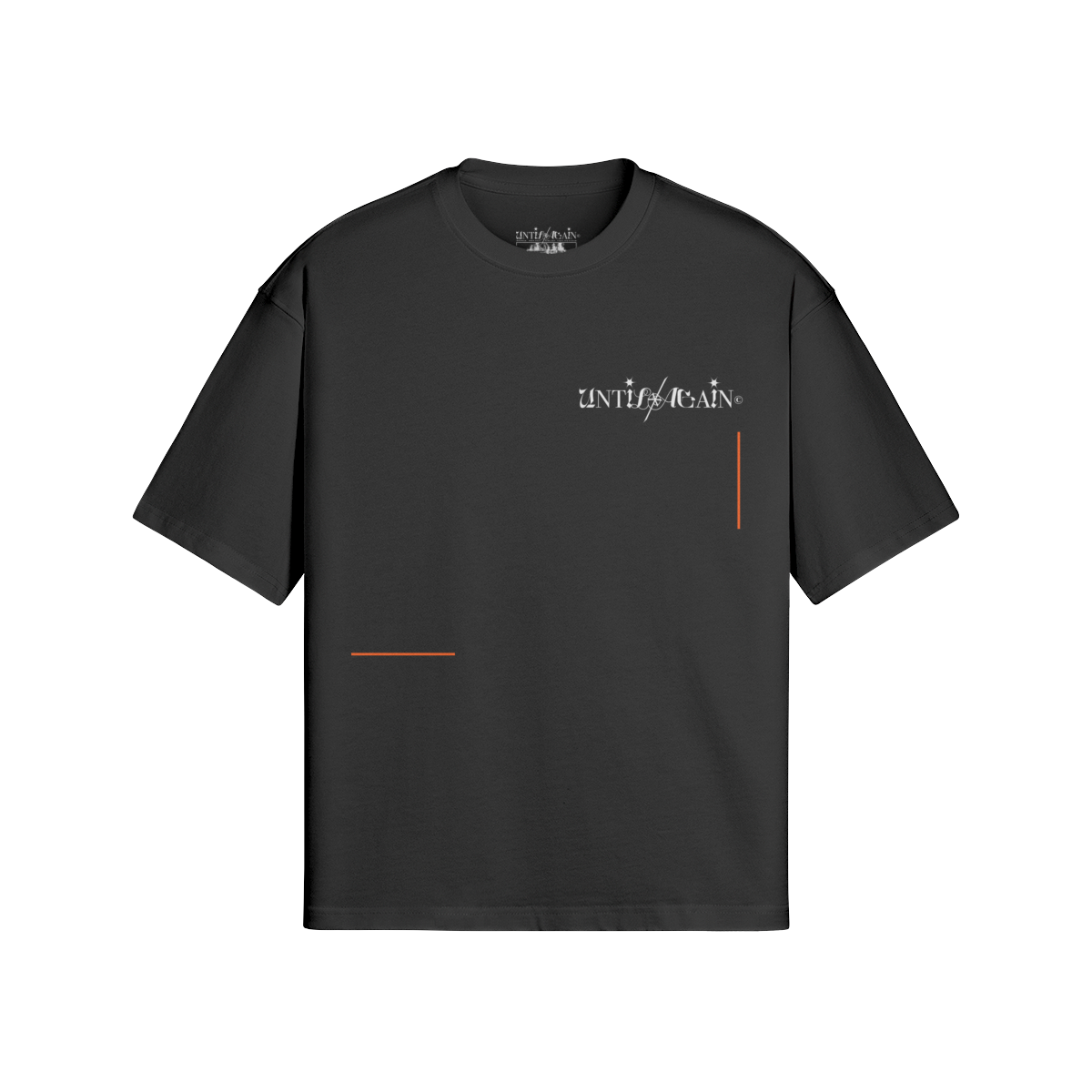 Black UNTIL/AGAIN limited drop t-shirt with white logo and orange accent lines