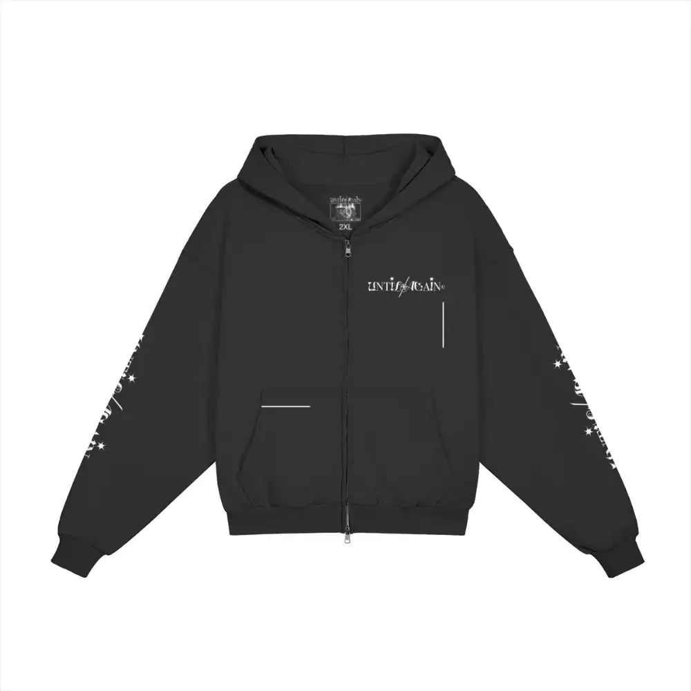 Black UNTIL/AGAIN zip-up hoodie, logo on chest, star graphics on sleeves, limited drop
