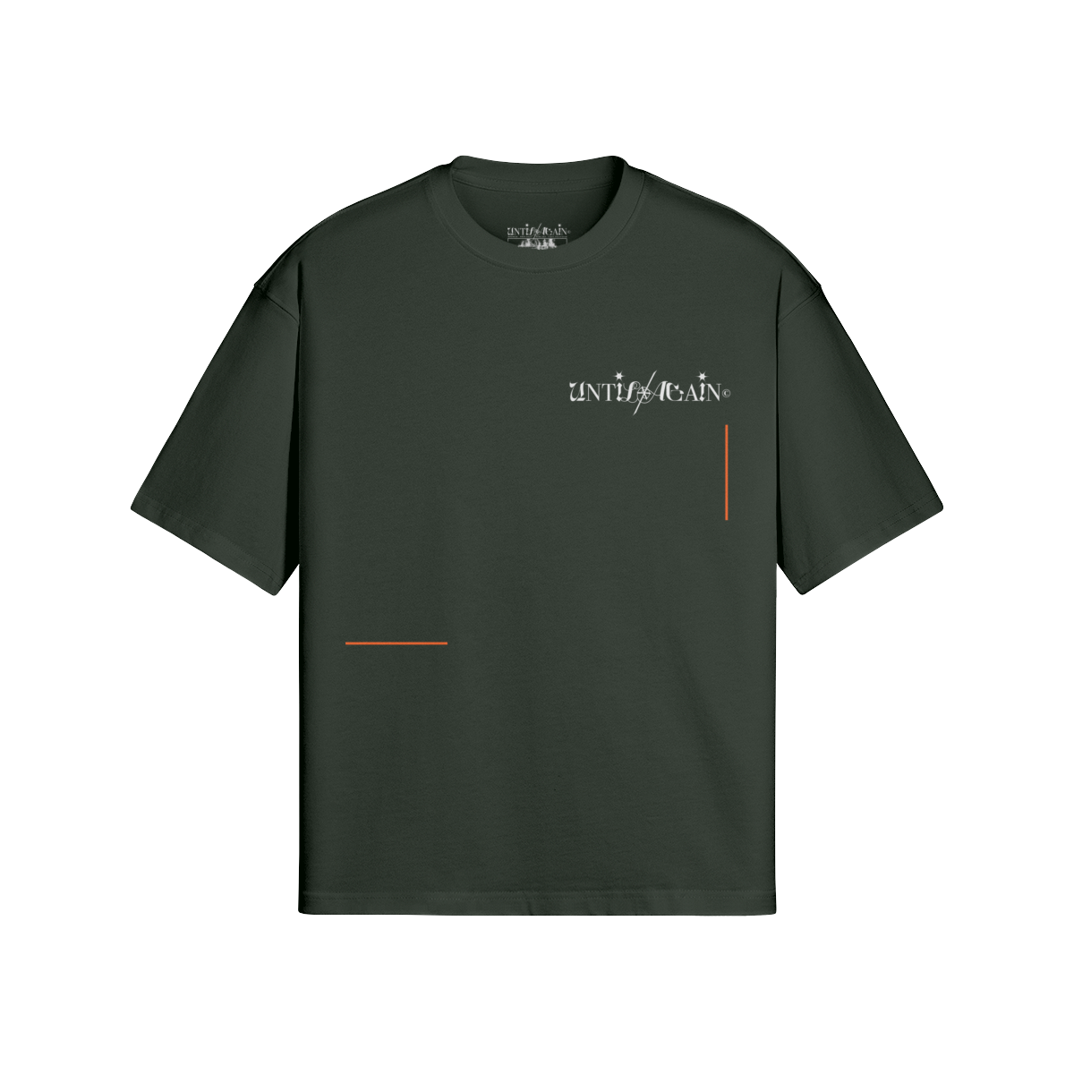 UNTIL/AGAIN limited drop dark green t-shirt with white logo and orange accents