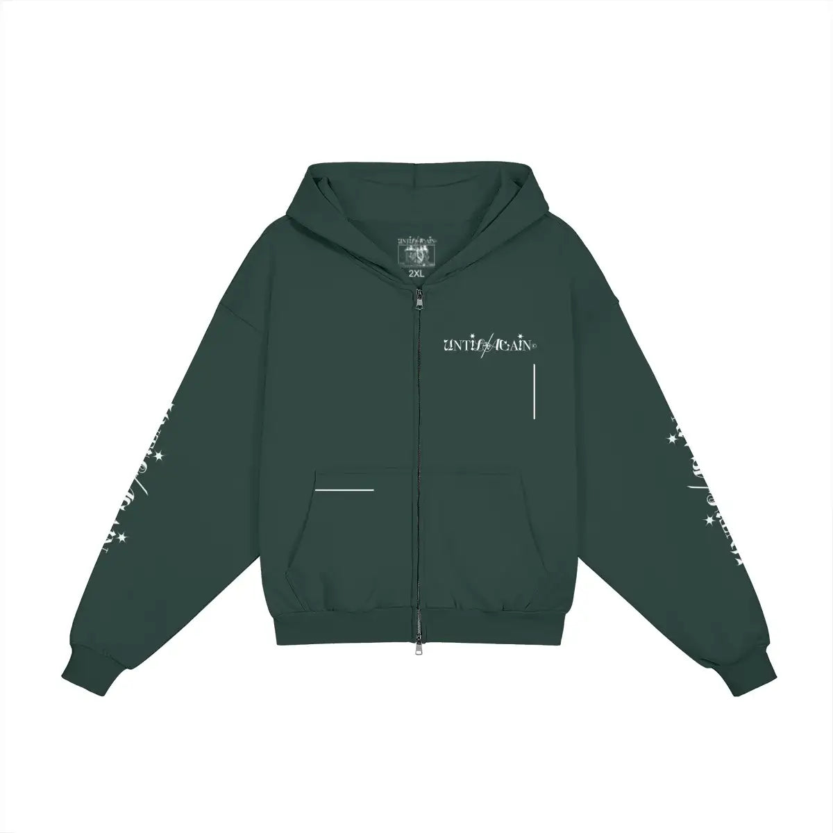UNTIL/AGAIN limited drop forest green zip-up hoodie with white logo and sleeve graphics