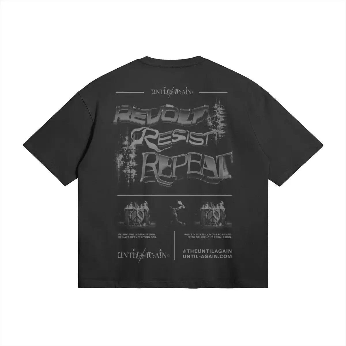 Black streetwear t-shirt with bold 'Revolt Resist Repeat' graphic and edgy design elements. Resist Repeat T Shirt black back graphic full view streetwear