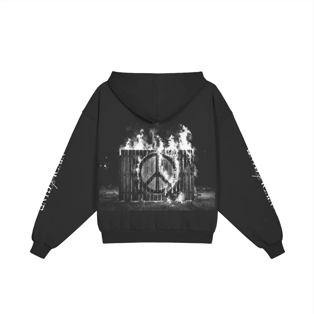 Black hoodie with flaming peace symbol artwork on back, UNTIL/AGAIN limited drop design