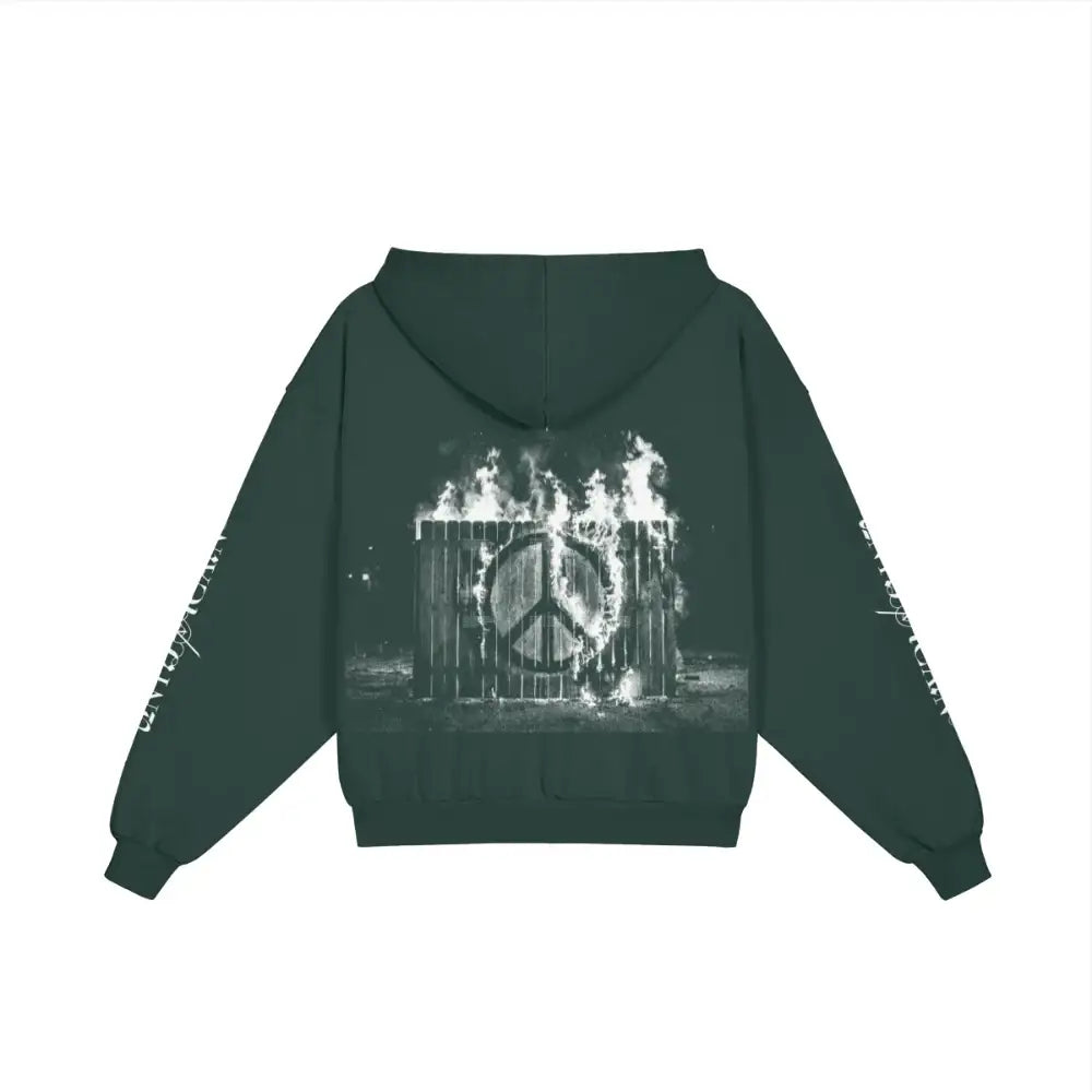 UNTIL/AGAIN limited drop hoodie with burning peace symbol graphic on back.