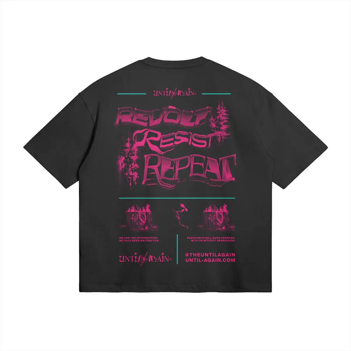 Black streetwear t-shirt with bold pink graffiti text 'Revolt Resist Repeat' on the back. Resist Repeat T Shirt black back graphic detail streetwear