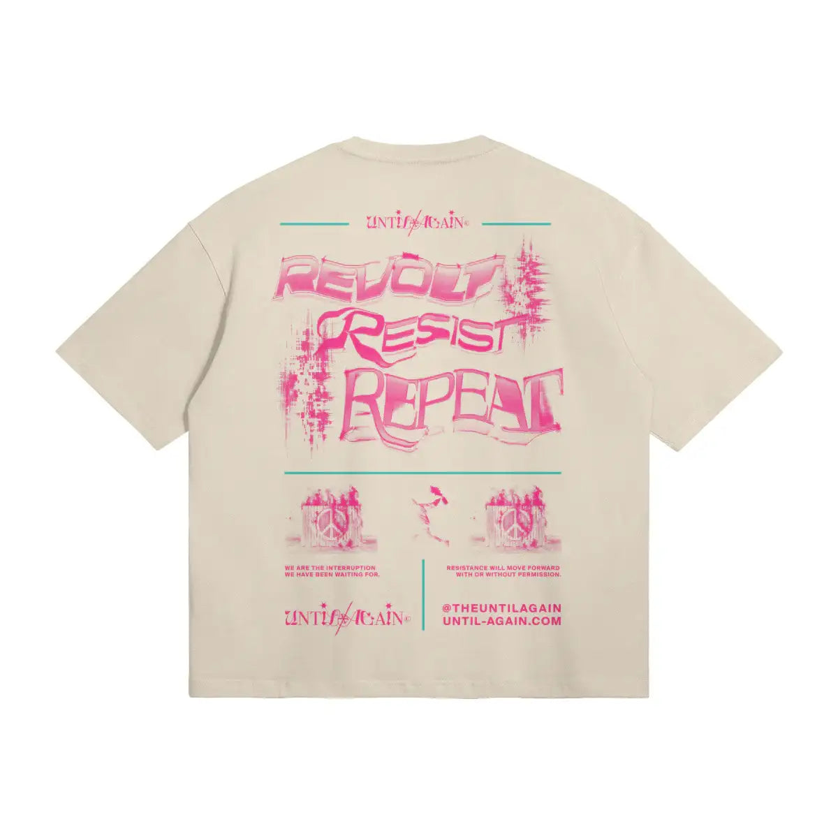 Beige streetwear T-shirt with bold pink 'Revolt Resist Repeat' graphic and modern details. Resist Repeat T Shirt beige back graphic detail premium cotton