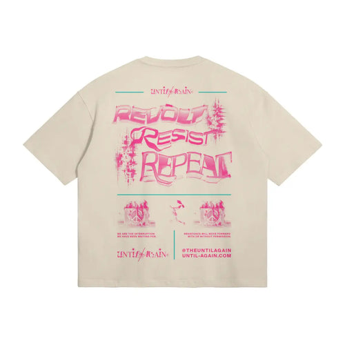 Beige streetwear T-shirt with bold pink 'Revolt Resist Repeat' graphic and modern details. Resist Repeat T Shirt beige back graphic detail premium cotton