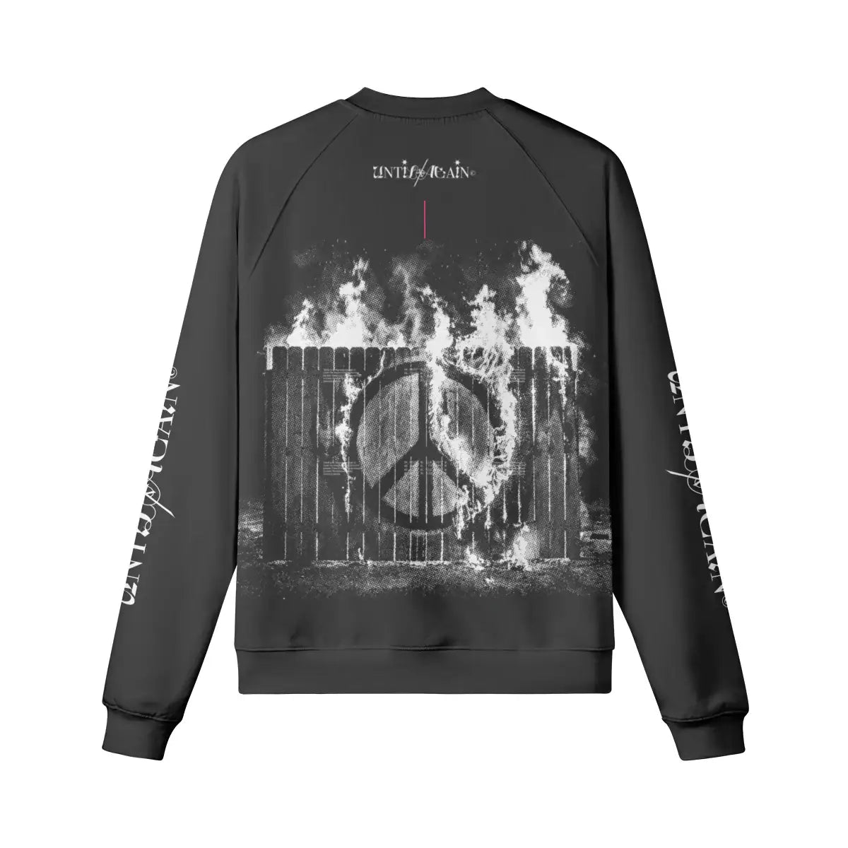 Black streetwear sweatshirt with flaming fence and peace symbol graphic on the back