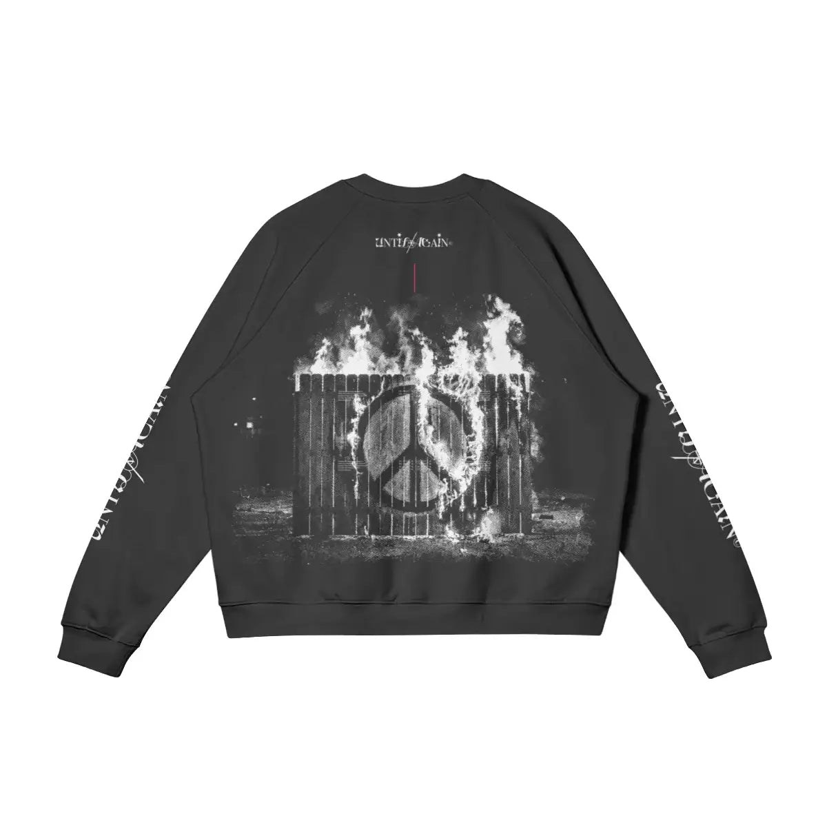 Black streetwear sweatshirt with flaming peace sign graphic on the back and white text on sleeves