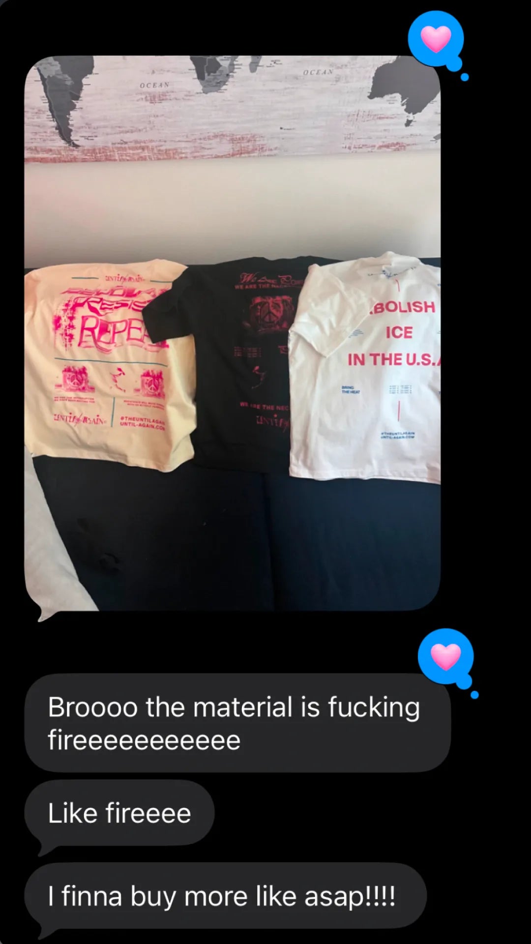 Three UNTIL/AGAIN limited drop graphic tees on a couch, photo with excited customer feedback.