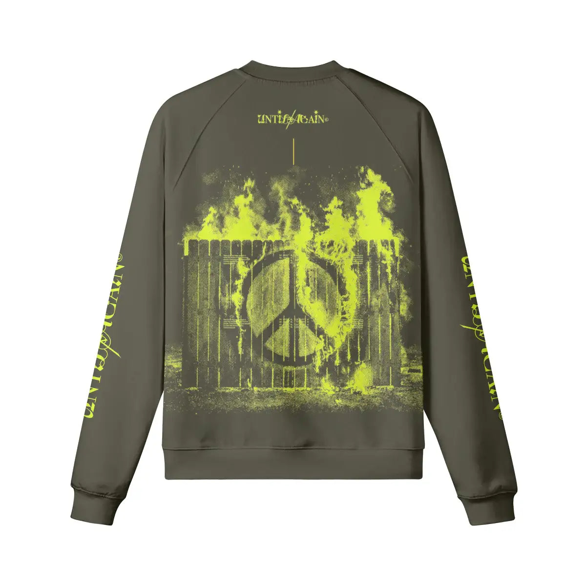Olive green streetwear sweatshirt with neon yellow peace sign and fence graphic in flames