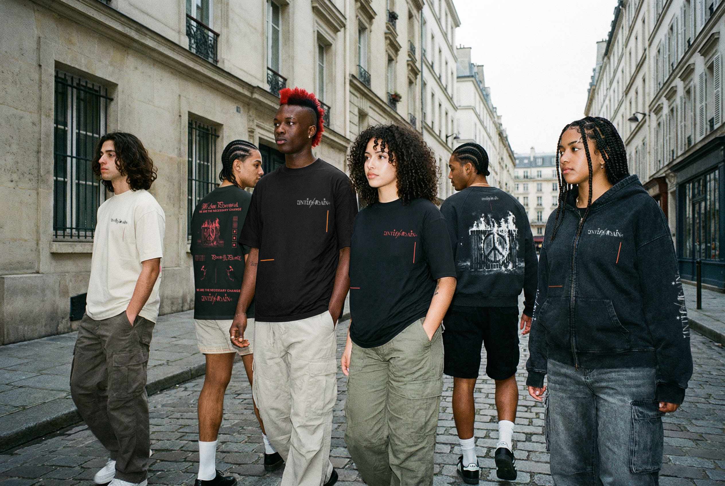 Group of people walking down a street in an urban Paris setting
