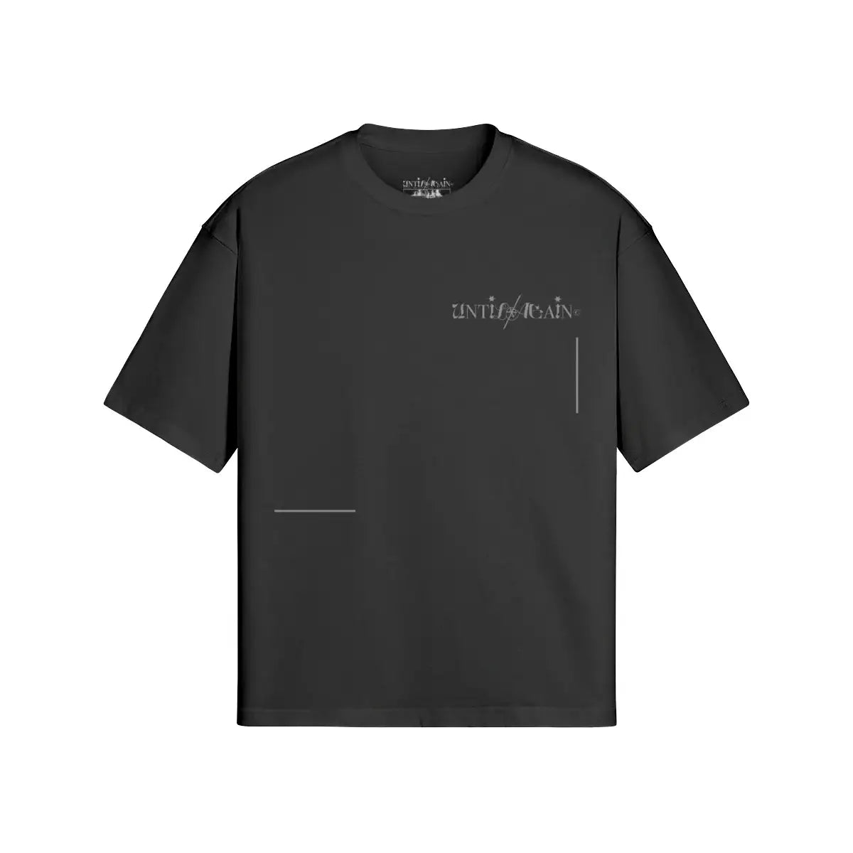 Black streetwear t-shirt with minimalist UNTIL/AGAIN chest logo and subtle white accents. Resist Repeat T Shirt black front clean minimal streetwear