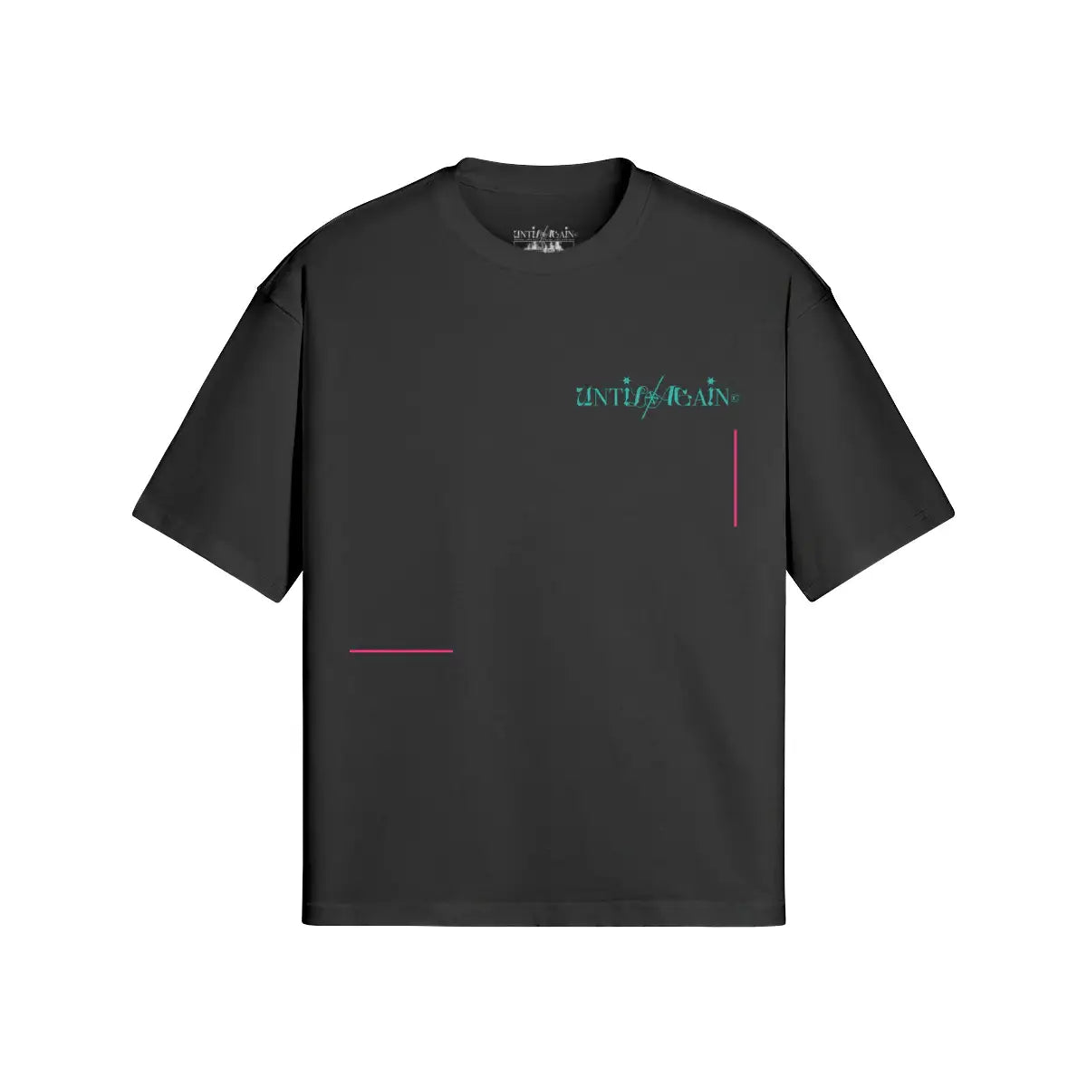 Black streetwear t-shirt with teal UNTIL/AGAIN text logo and pink accent lines on front. Resist Repeat T Shirt black front minimal design oversized fit. Resist Repeat T Shirt black front minimal design oversized fit