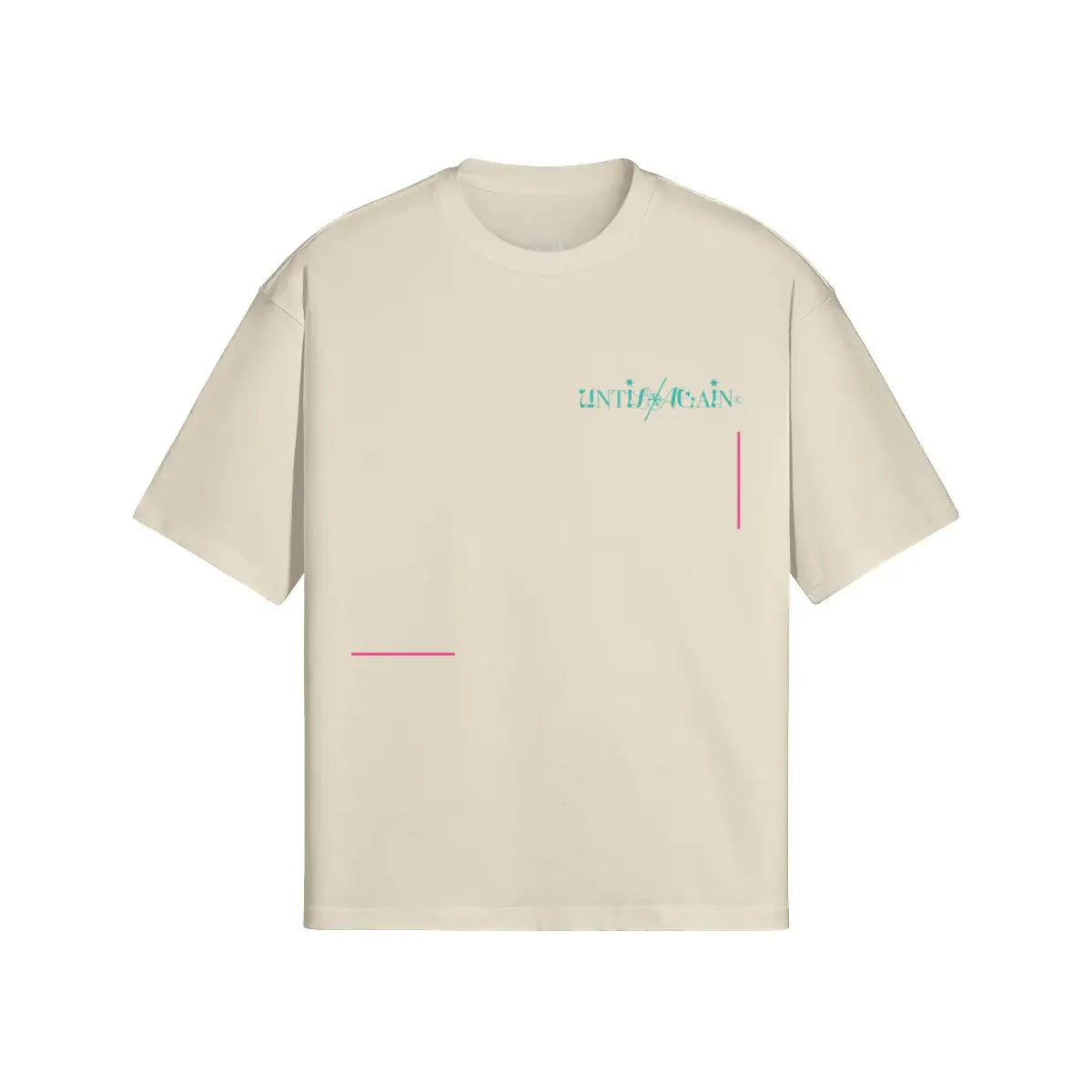Beige streetwear t-shirt with teal UNTIL/AGAIN logo and pink graphic accents. Resist Repeat T Shirt beige front minimal design oversized fit