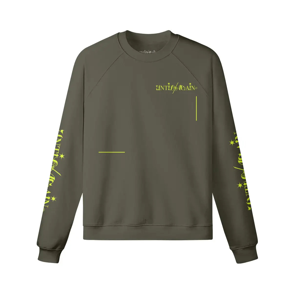 Olive green streetwear sweatshirt with yellow graphic accents and printed sleeves