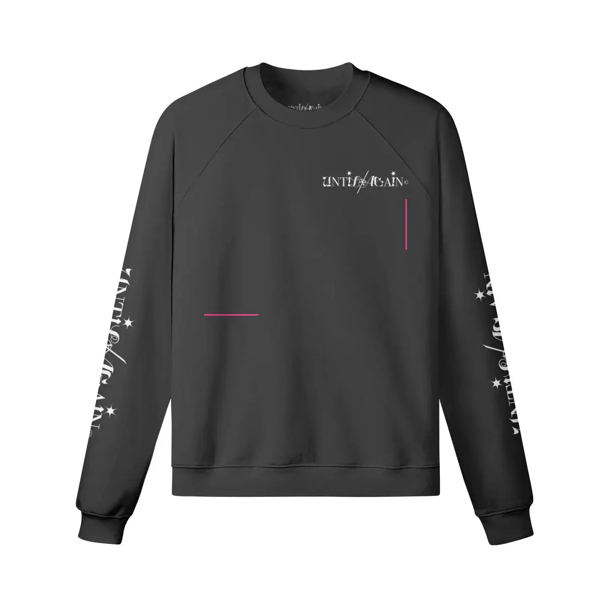 Black streetwear sweatshirt with white graphic logos on chest and sleeves, pink accent lines