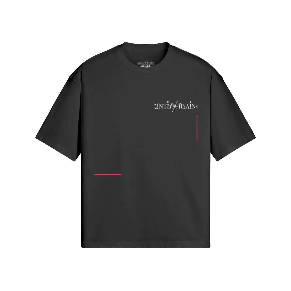 Black streetwear t-shirt with minimalist white logo and red accent lines on front.