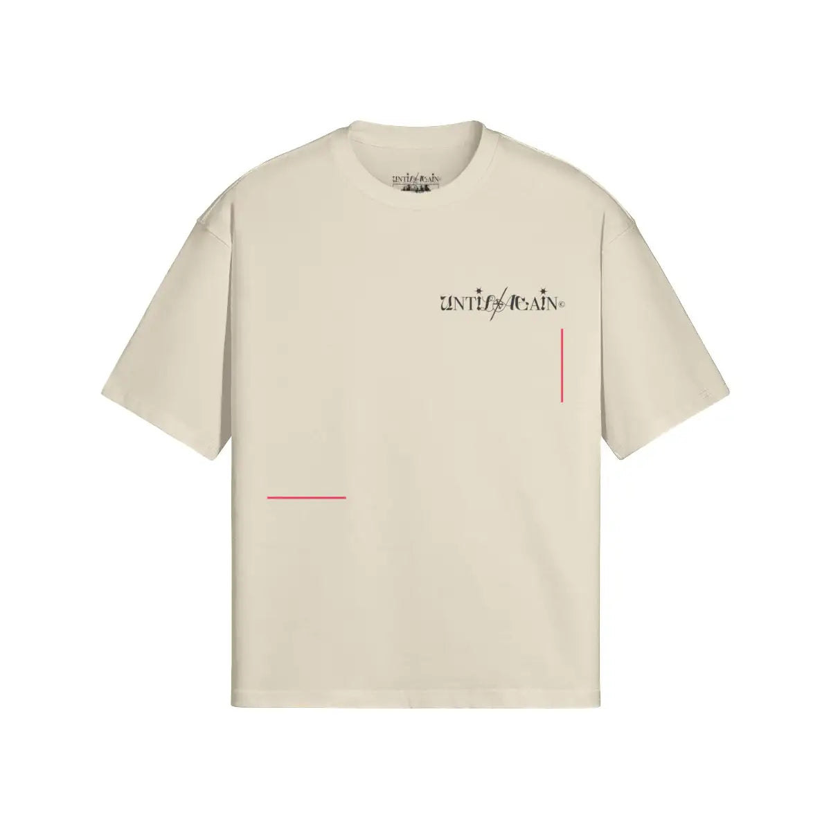 Beige streetwear t-shirt with black UNTIL/AGAIN text and minimalist red accents