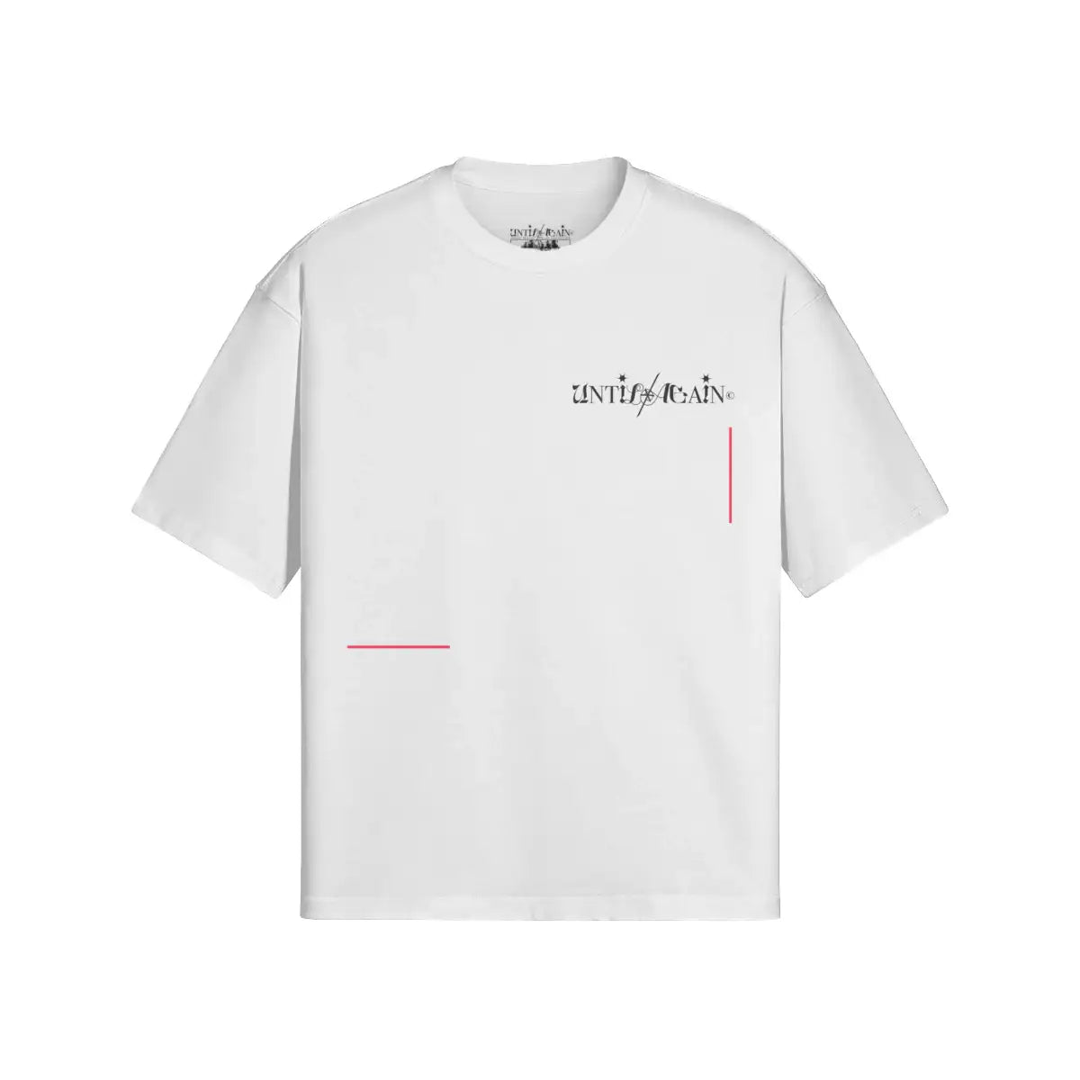 White streetwear t-shirt with black graphic text and minimal red line accents