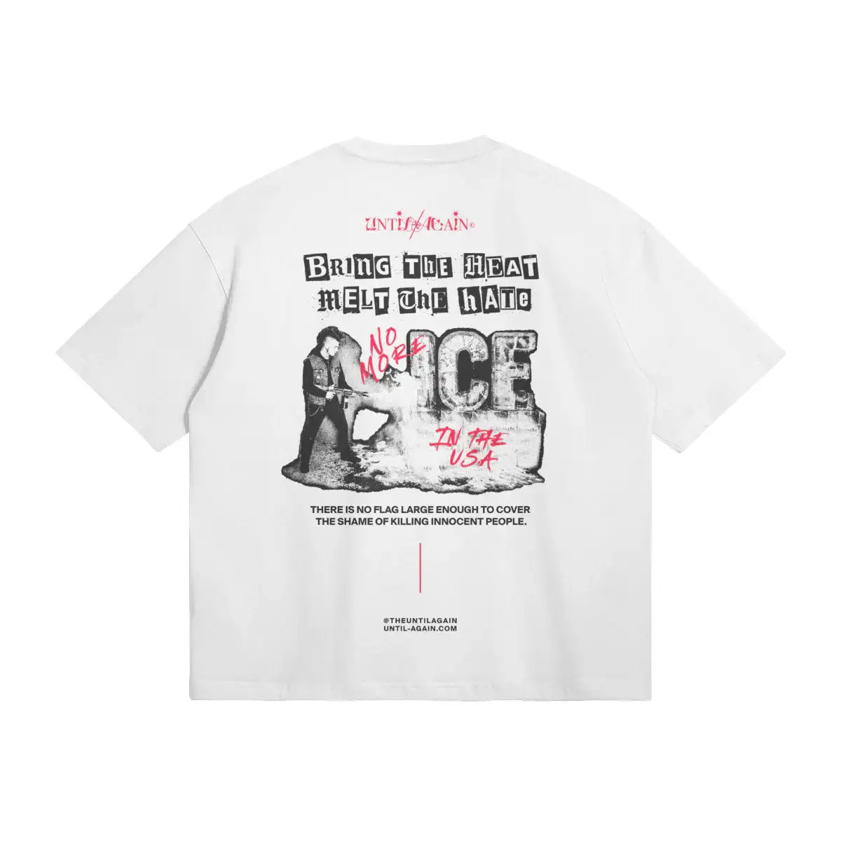 White streetwear t-shirt with bold graphic text, protest illustration, and activist slogan print.