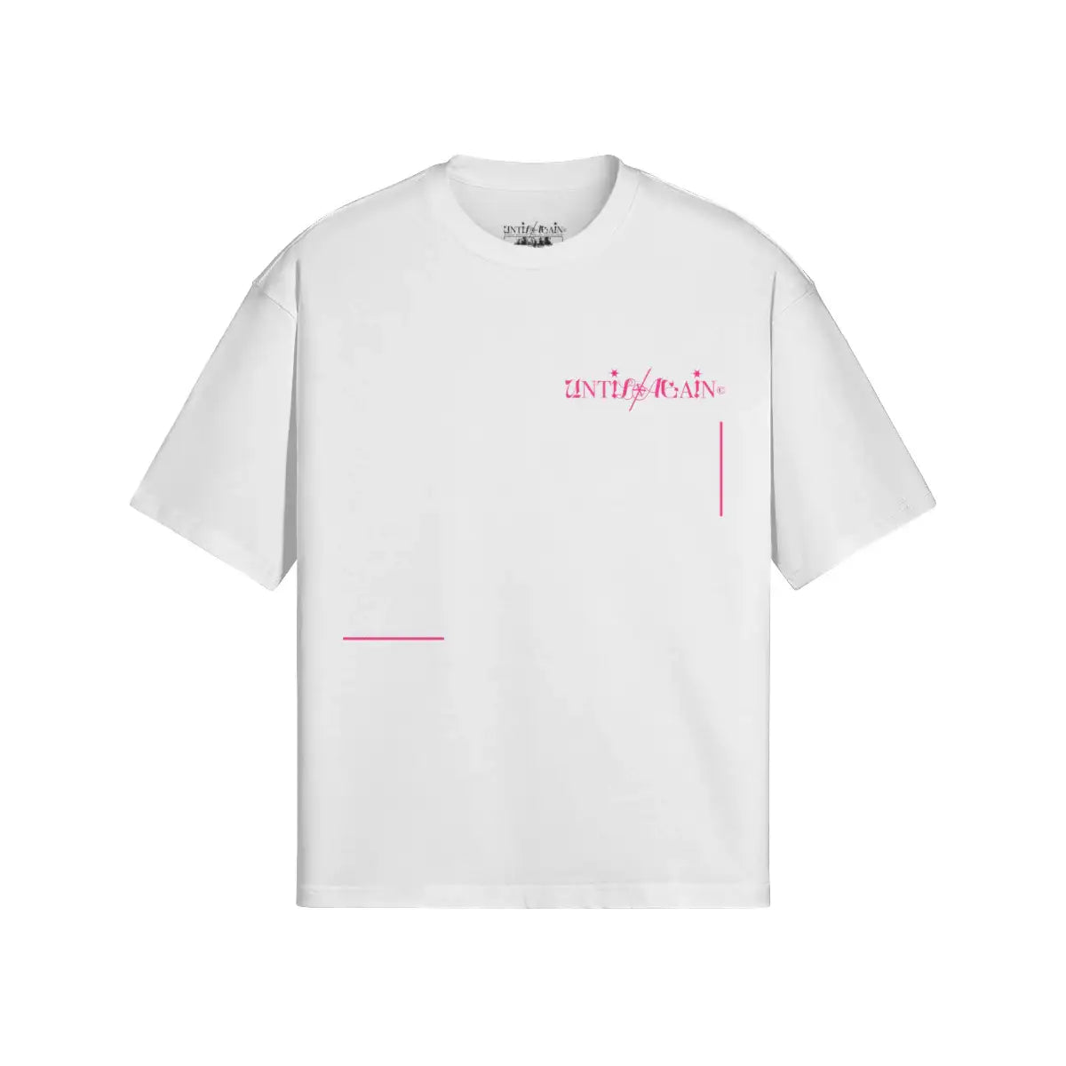 White streetwear t-shirt with pink graphic text and minimalist line accents