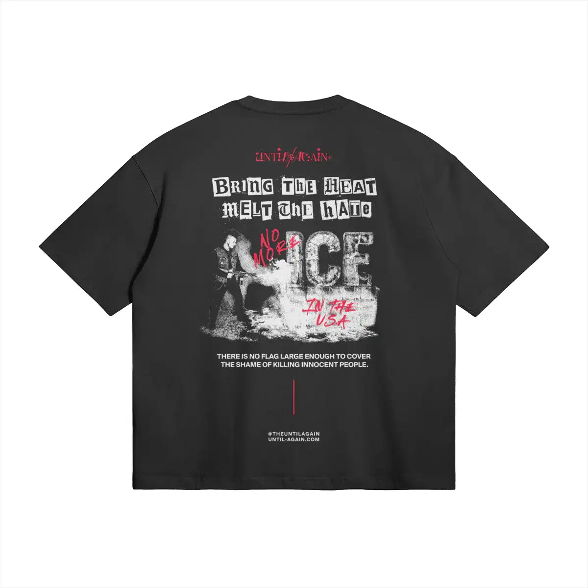 Black streetwear t-shirt with bold protest graphics, graffiti text, and anti-hate message on back.