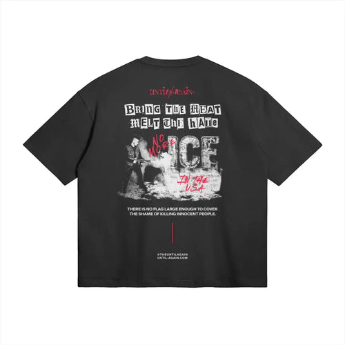 Black streetwear t-shirt with bold protest graphics, graffiti text, and anti-hate message on back.