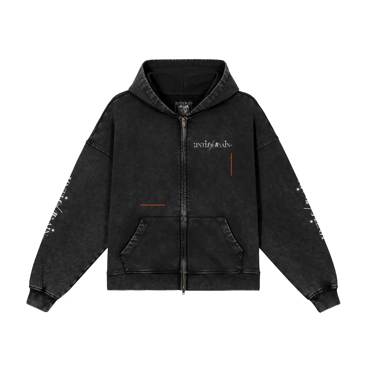 Washed black zip-up hoodie with white graphic text on chest and sleeves, streetwear style