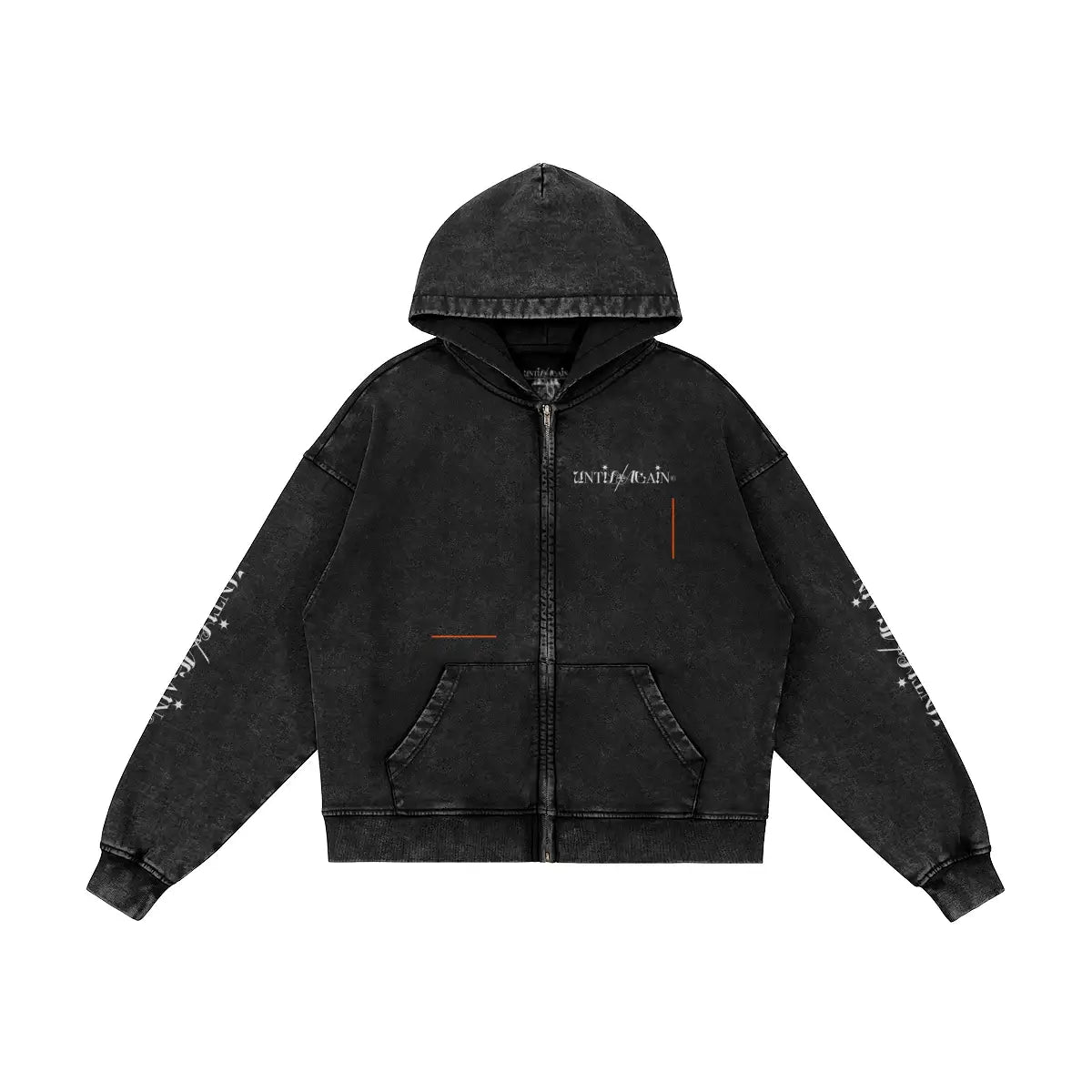 Black streetwear zip-up hoodie with front and sleeve white graphics, kangaroo pockets, and hood.