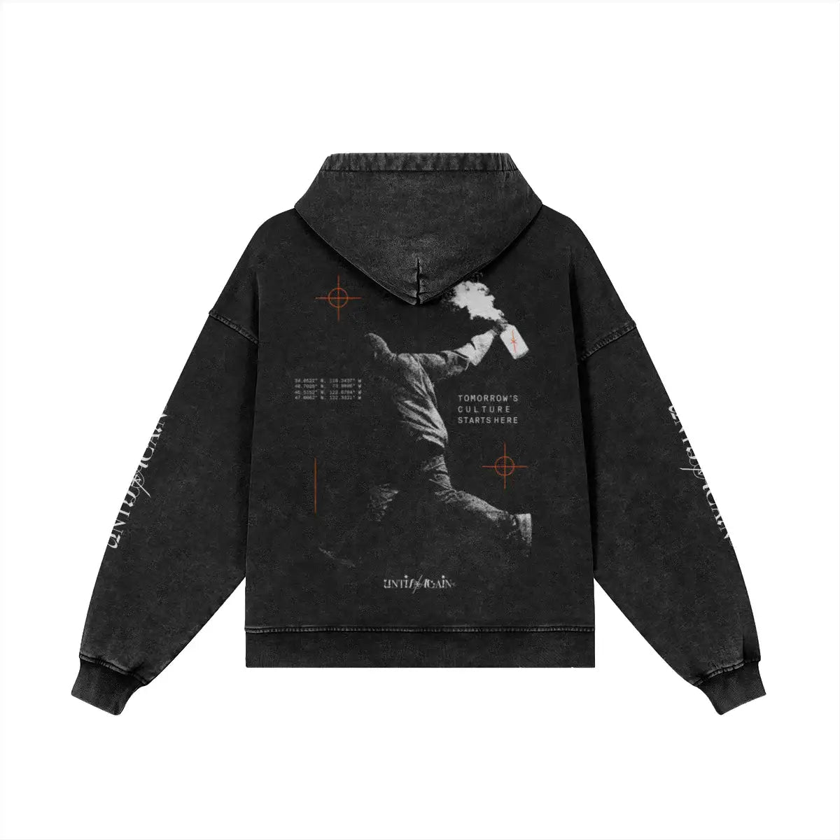 Black streetwear hoodie with graphic of a masked figure throwing an object, bold text and orange target accents