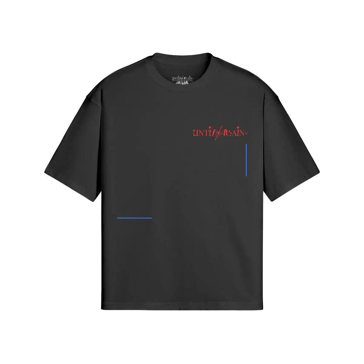 Black streetwear t-shirt with red and blue graphic text and minimalist line accents