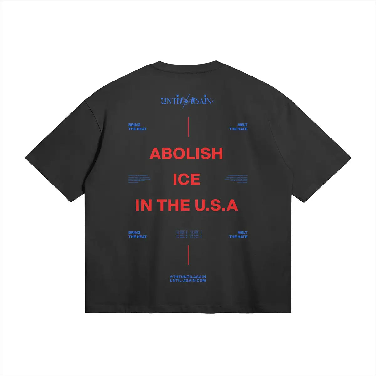 Black streetwear T-shirt with bold red and blue political text graphic on the back.