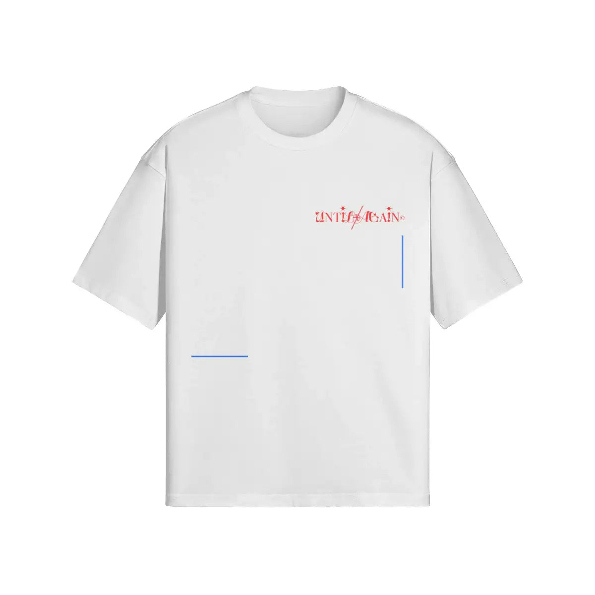 White streetwear t-shirt with red and blue graphic text and minimalist line accents.