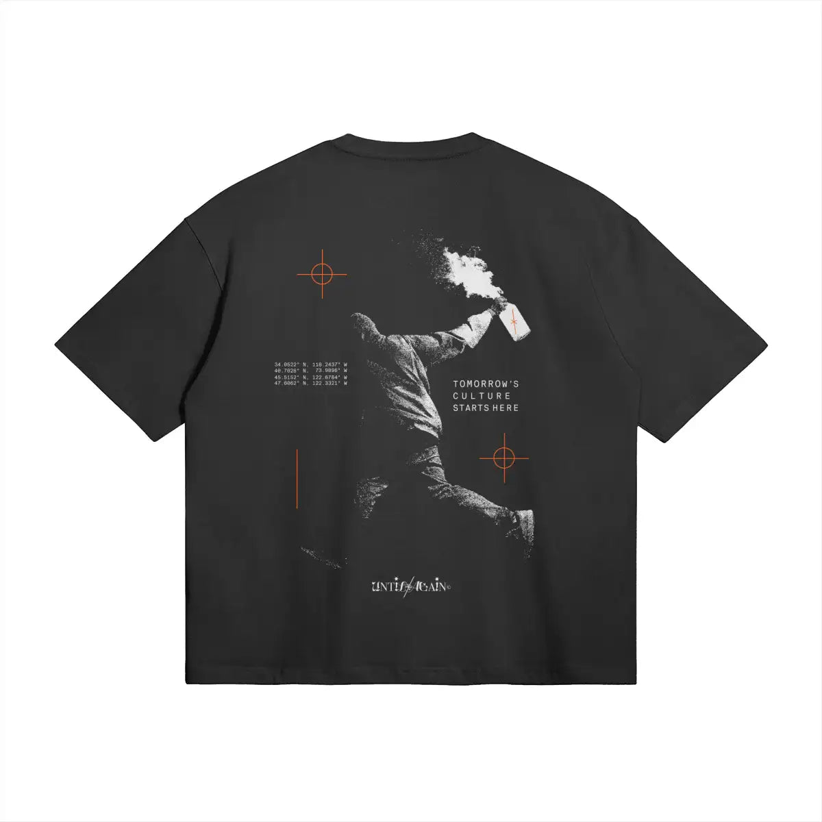 Black streetwear t-shirt with graphic print of protester holding a smoking canister, orange accents, and bold text.