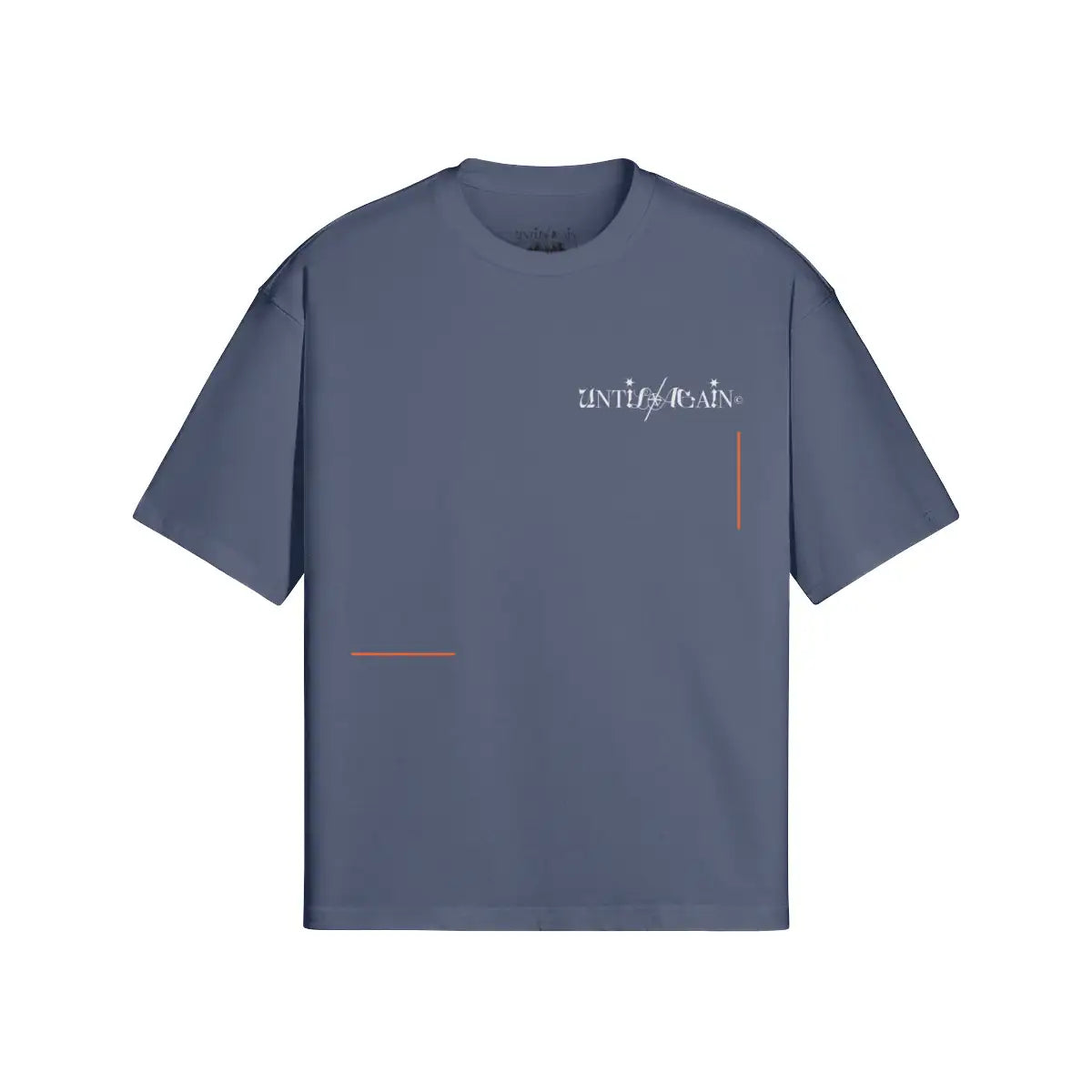 Blue streetwear t-shirt with white UNTIL/AGAIN text logo and minimalist orange accents.