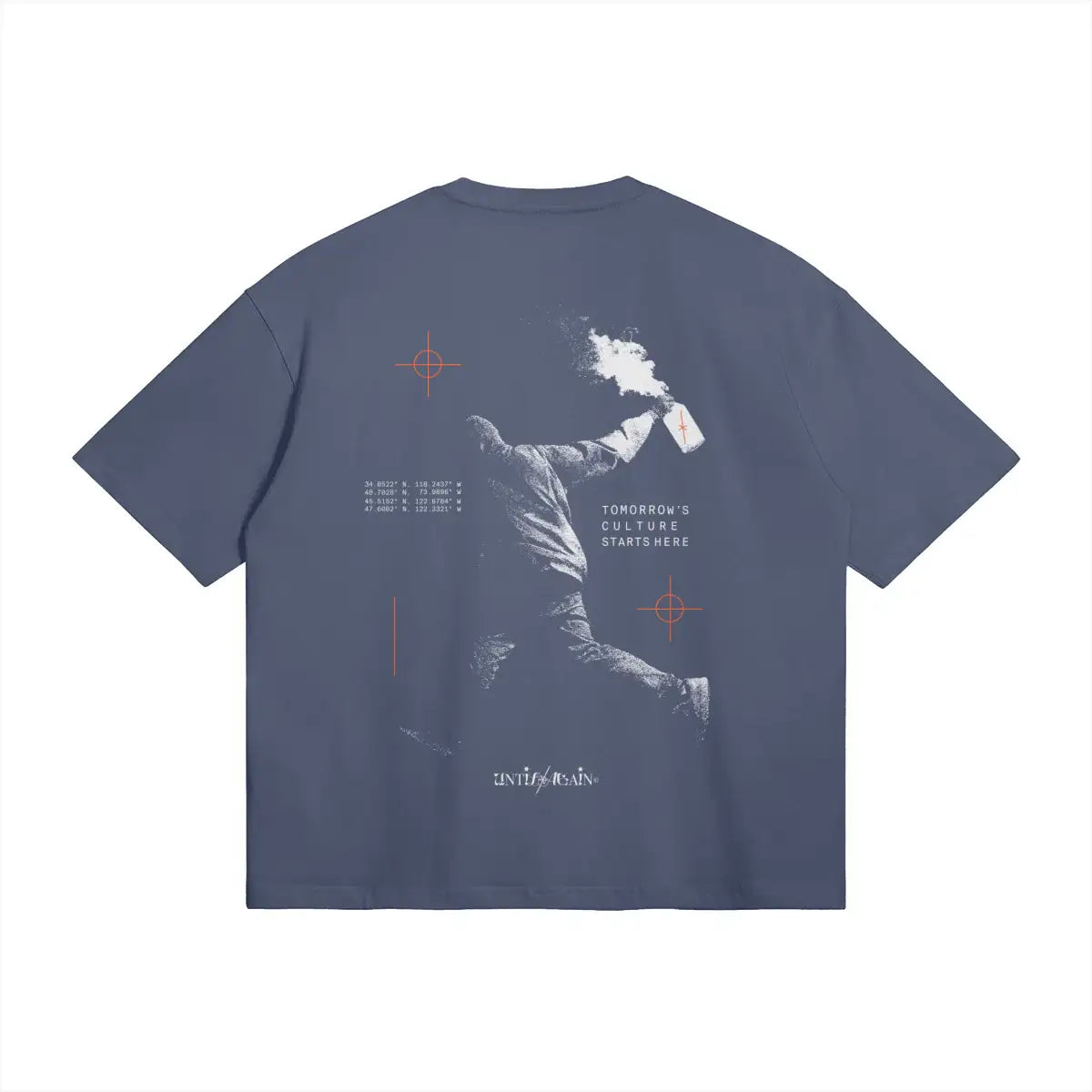 Oversized blue streetwear t-shirt featuring graphic print of figure holding flare and bold text.