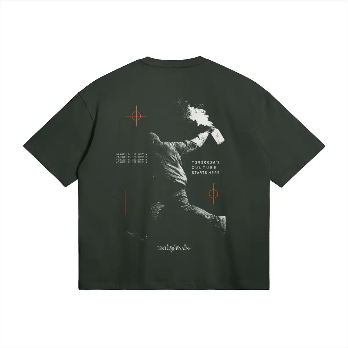 Streetwear t-shirt with graphic of a figure throwing an object, bold text, and orange target motifs.