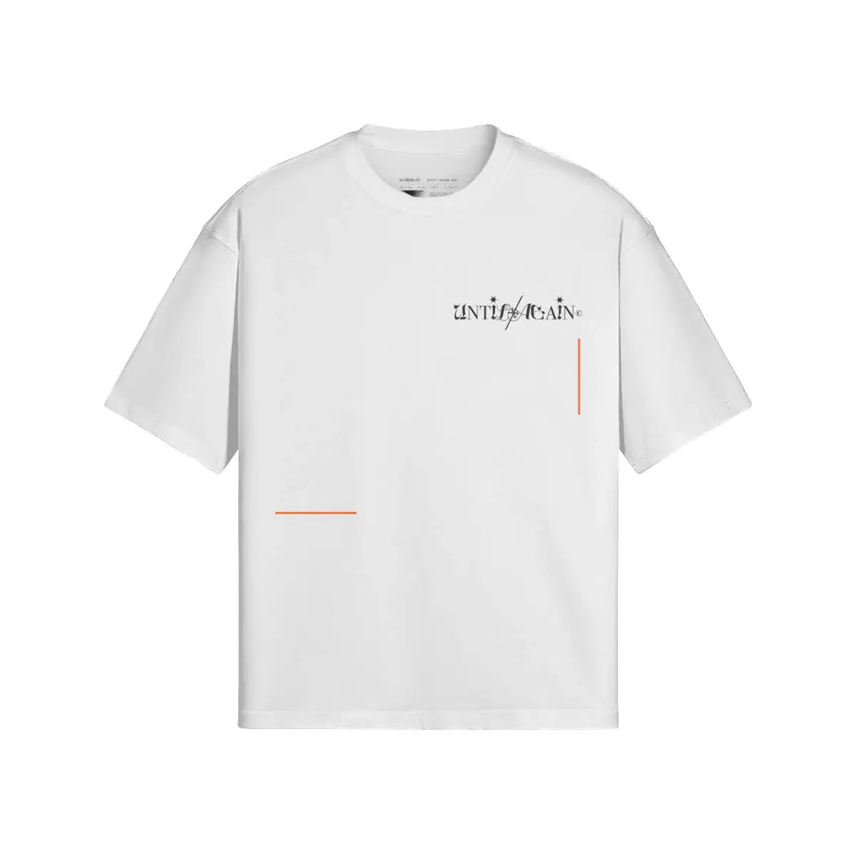 White streetwear t-shirt with black graphic text and minimalist orange line accents