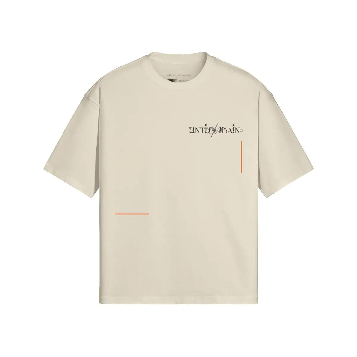 Beige streetwear t-shirt with minimalist graphic text and small orange accent lines