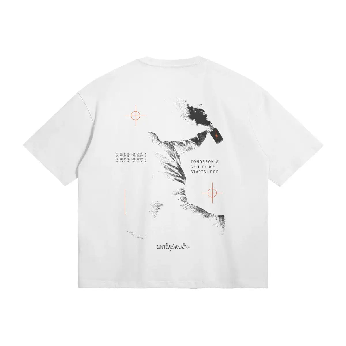 White streetwear t-shirt featuring graphic of person throwing spray can, text reading 'Tomorrow's Culture Starts Here', and target-style orange accents.