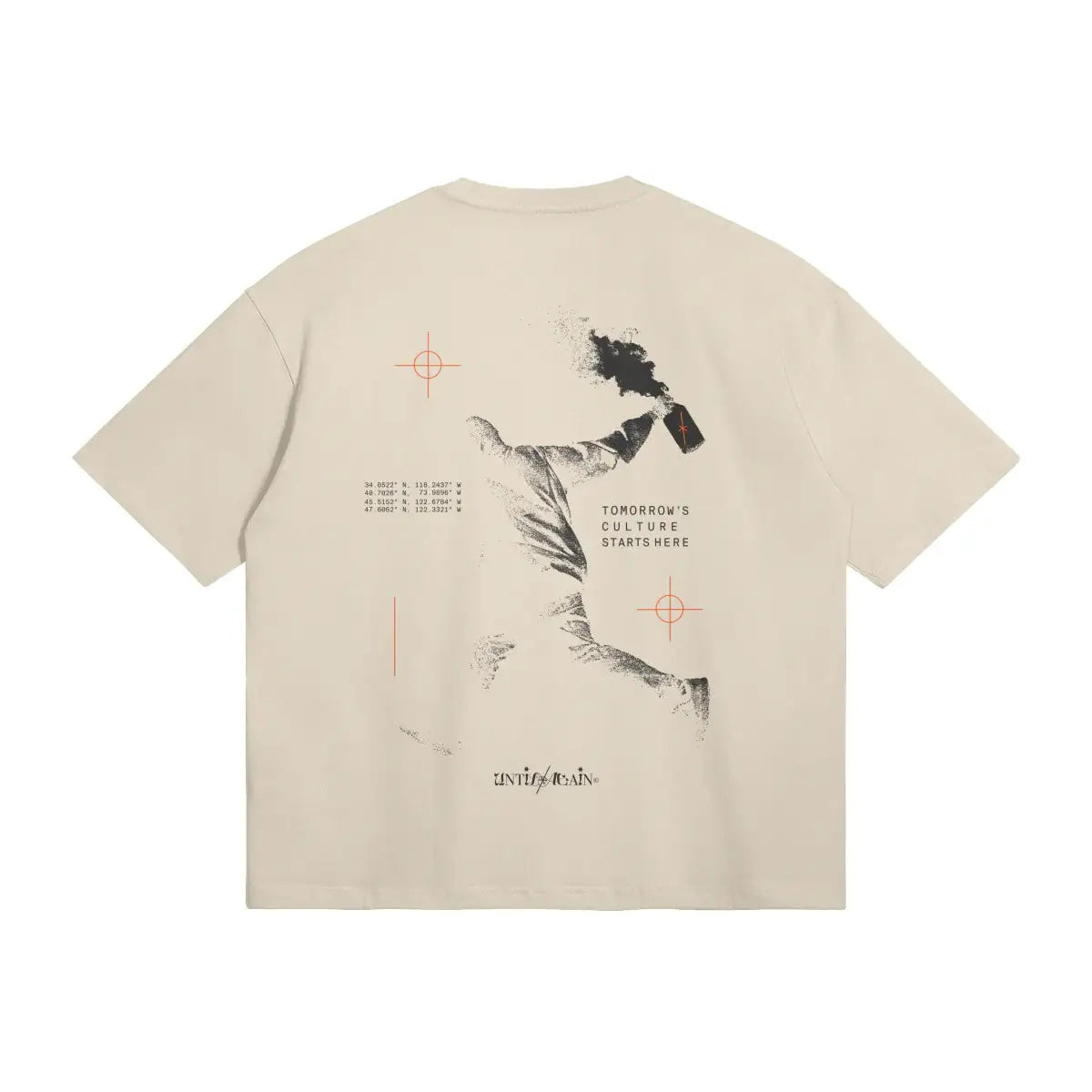 Beige streetwear T-shirt featuring abstract graphic of a person with a spray can and bold text.